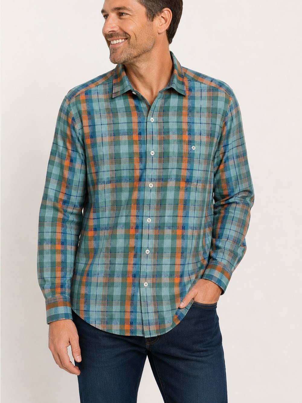 Tommy Bahama Plaid Button Up Shirt Men’s Medium 100% Cotton Blue Green Orange